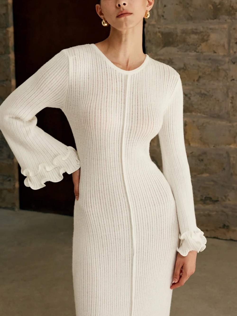 Commense Semi-Sheer Piping Ruffle Drawstring Knit Dress, S - Picture 5 of 7